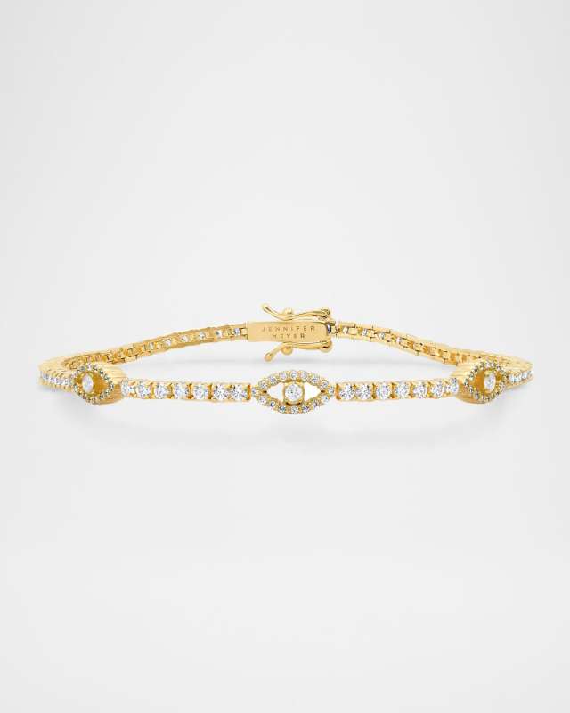 18K Yellow Gold Small 4 Prong Diamond Tennis Bracelet with 3 Mini Open Evil Eye Accents